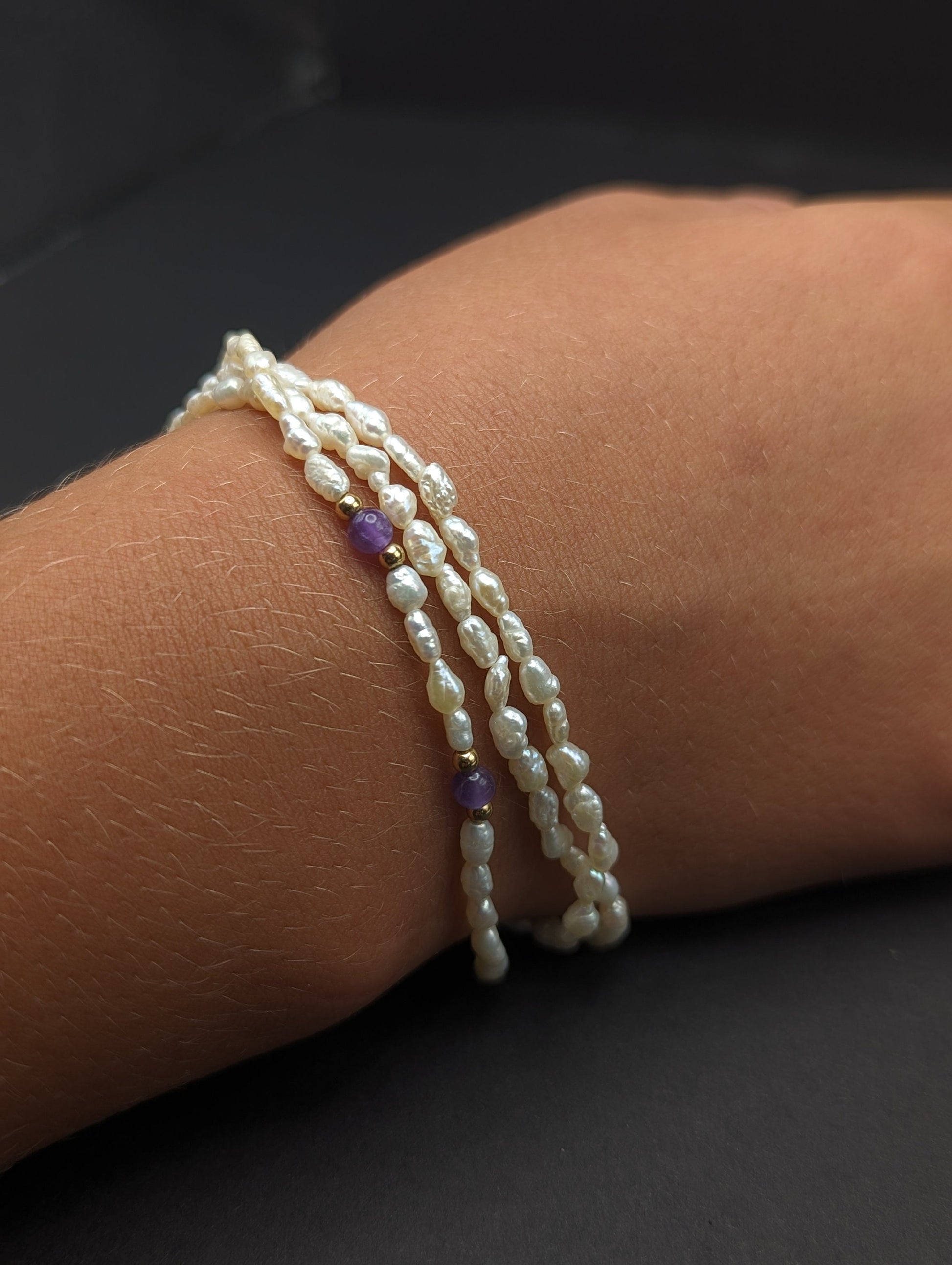 14k Gold Fresh Water Pearl Bracelet w Purple Lepidolite & 14k Gold Beads 14K Freshwater Pearl Gold Bead Three Strand Bracelet, pear bracelet