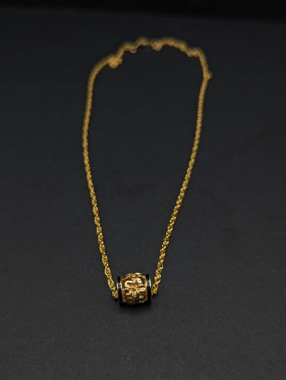 10mm 14k Gold Hawaiian Plumeria scroll Floral Filigree Barrel Chain Slide Pendant Black Enamel 14k Flower Barrel Charm + 14k GF Necklace