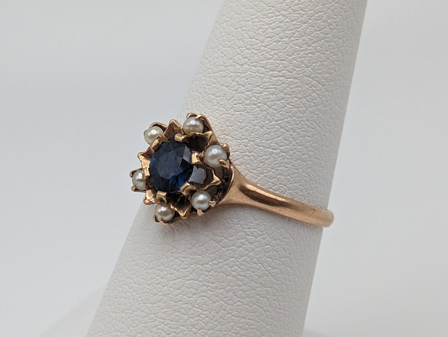 10k Rose Gold Flower Sapphire Seed Pearl Ring. Cluster Pearl Sapphire Ring. Womens Engagement Sapphire Seed Pearl Ring.