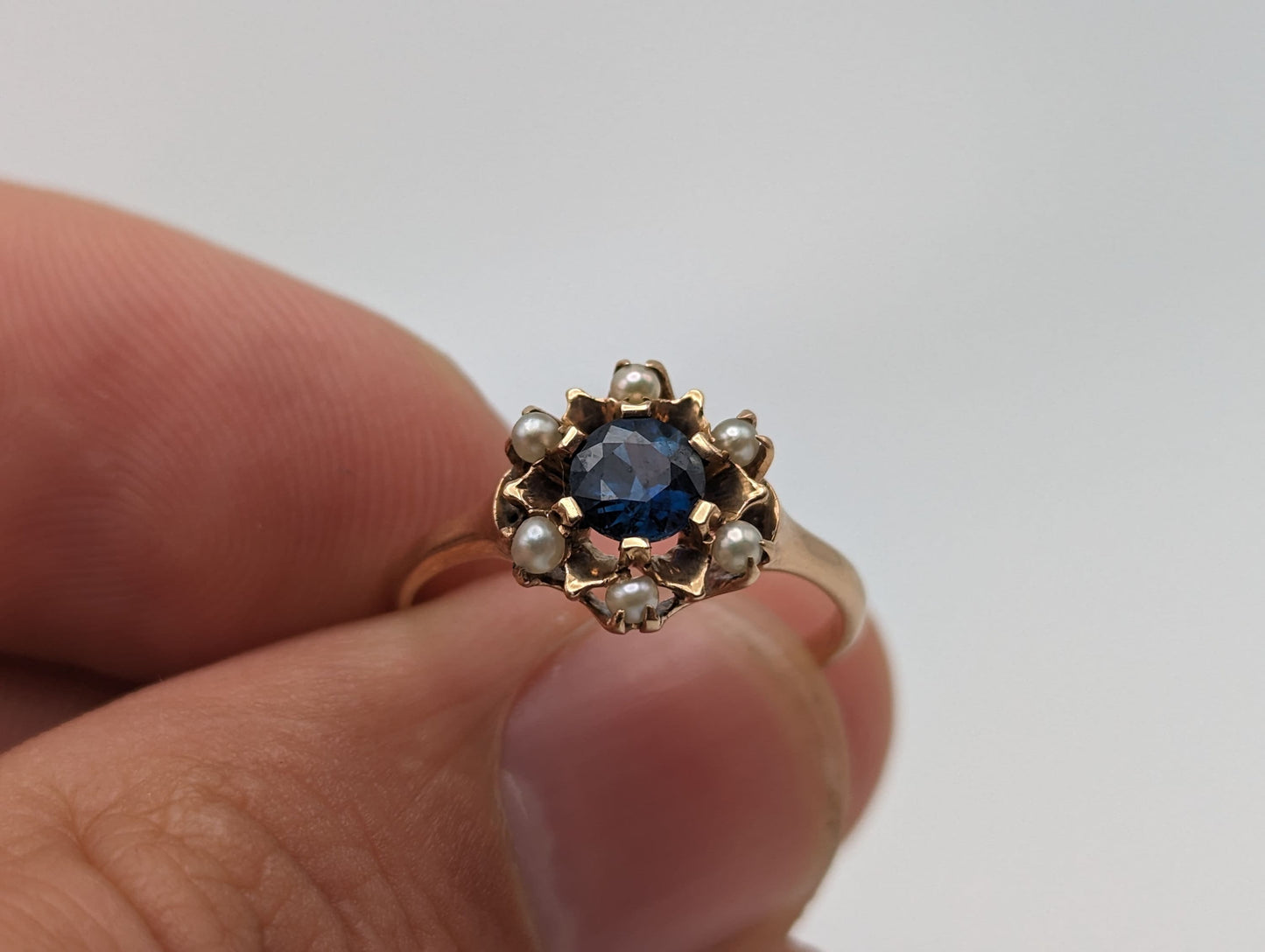 10k Rose Gold Flower Sapphire Seed Pearl Ring. Cluster Pearl Sapphire Ring. Womens Engagement Sapphire Seed Pearl Ring.