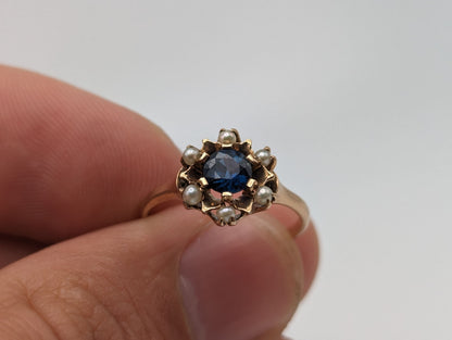 10k Rose Gold Flower Sapphire Seed Pearl Ring. Cluster Pearl Sapphire Ring. Womens Engagement Sapphire Seed Pearl Ring.