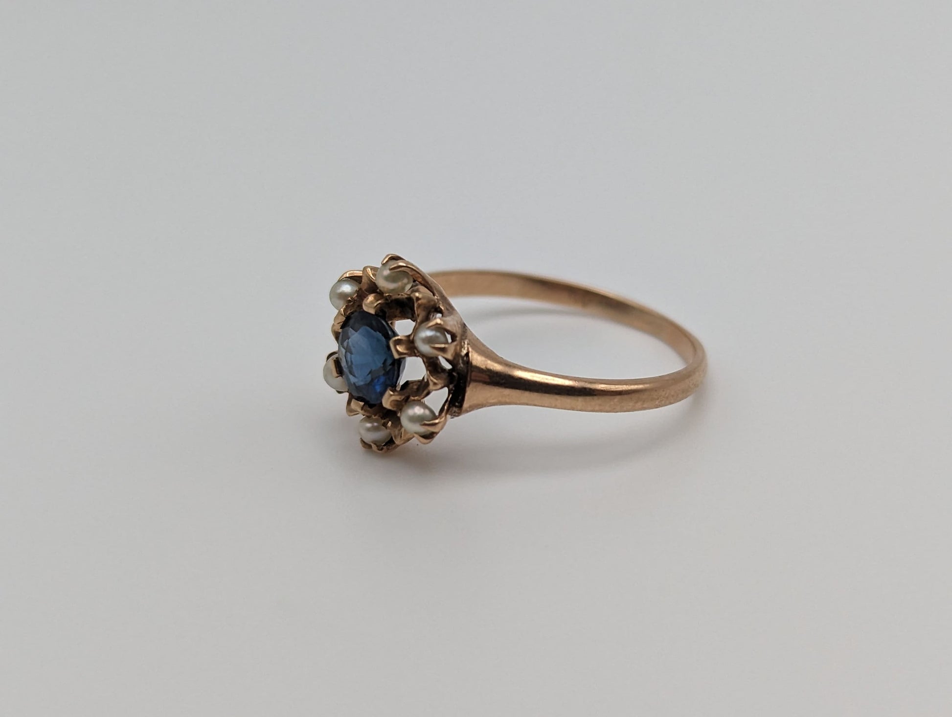 10k Rose Gold Flower Sapphire Seed Pearl Ring. Cluster Pearl Sapphire Ring. Womens Engagement Sapphire Seed Pearl Ring.