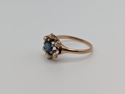 10k Rose Gold Flower Sapphire Seed Pearl Ring. Cluster Pearl Sapphire Ring. Womens Engagement Sapphire Seed Pearl Ring.