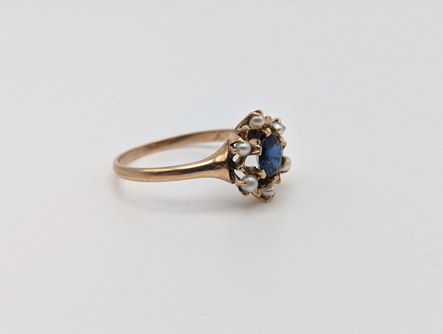 10k Rose Gold Flower Sapphire Seed Pearl Ring. Cluster Pearl Sapphire Ring. Womens Engagement Sapphire Seed Pearl Ring.