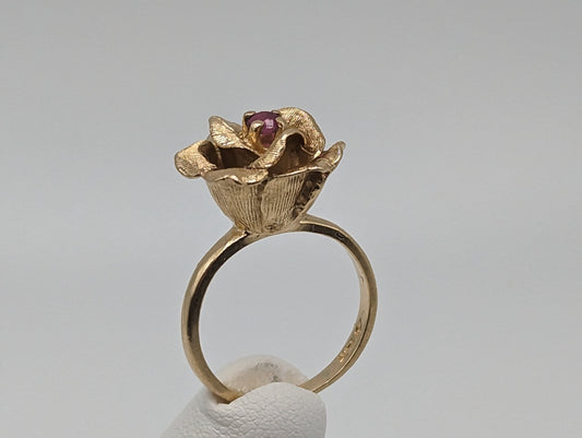 14k Yellow Gold Rose Ruby Ring. 14k Ruby Ring Set in Gold Rose. Womens Rose Ring. Ruby Rose Engagement Ring. 14k Flower Ruby Ring.