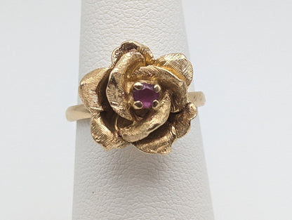 14k Yellow Gold Rose Ruby Ring. 14k Ruby Ring Set in Gold Rose. Womens Rose Ring. Ruby Rose Engagement Ring. 14k Flower Ruby Ring.