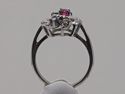 10k White Gold Vintage Mothers Ring. 10k White Gold Multi-Gem Cluster Band. 10k Gemstone Cluster Flower Ring.