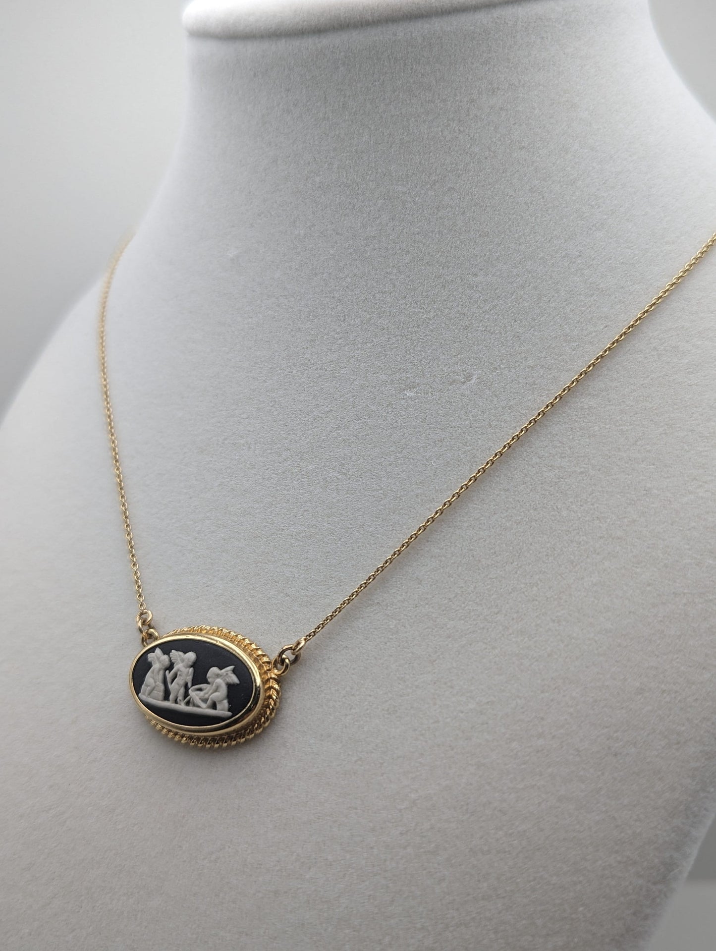 14k Gold Necklace England Wedgwood Black Cameo Angles GP Pendant Vintage Victorian Gold Jasper ware Wedgwood Pendant 14k Solid Gold Necklace