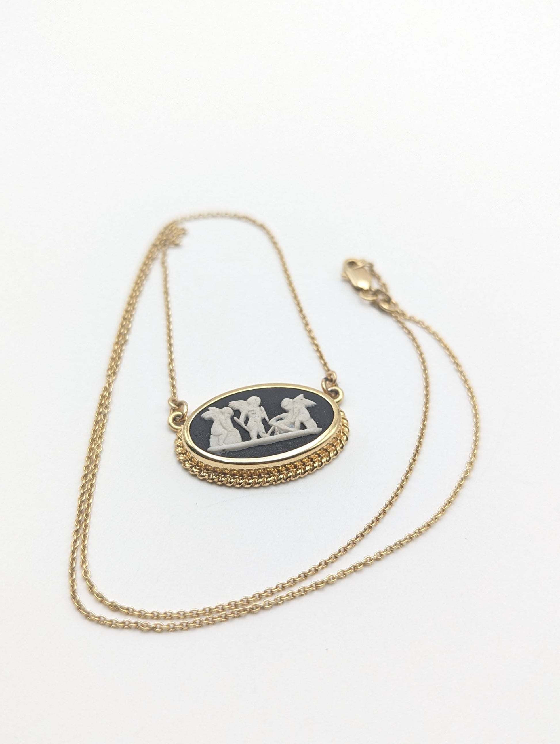 14k Gold Necklace England Wedgwood Black Cameo Angles GP Pendant Vintage Victorian Gold Jasper ware Wedgwood Pendant 14k Solid Gold Necklace