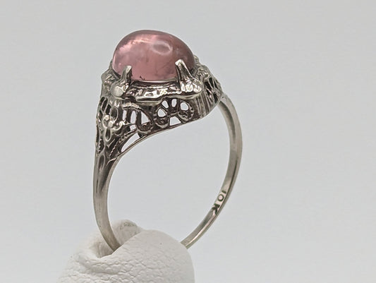 10k White Gold Womens OVAL Cabochon Tourmaline Ring. 10k Pink Tourmaline Filigree Ring. Tourmaline Art Deco Ring. 10k Pink Stone Pinky Ring