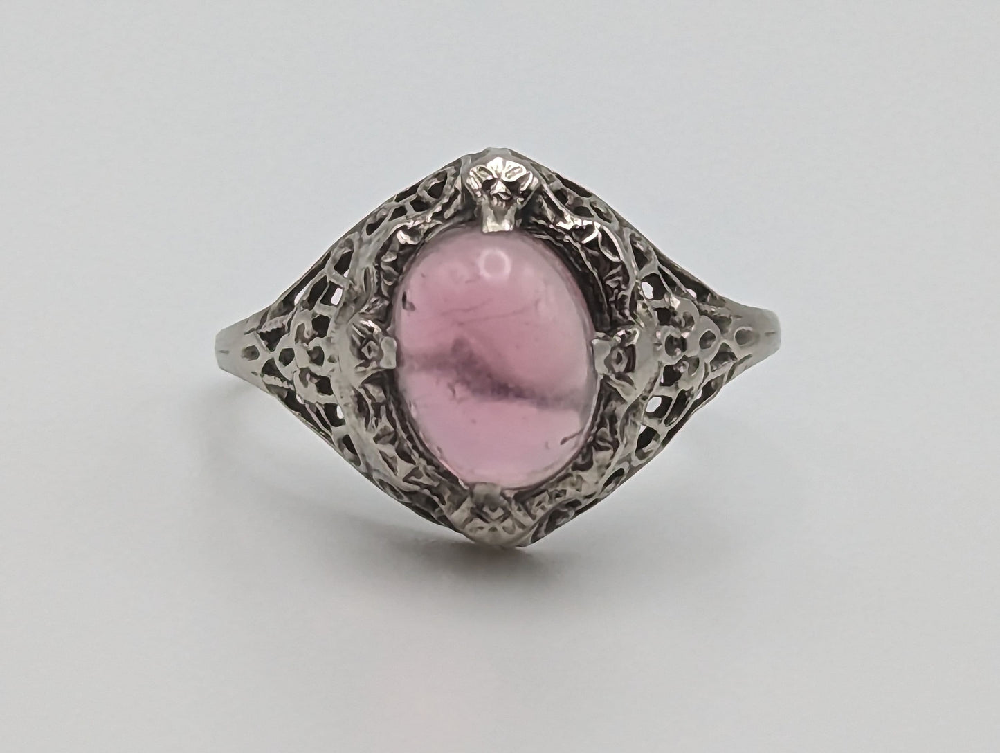 10k White Gold Womens OVAL Cabochon Tourmaline Ring. 10k Pink Tourmaline Filigree Ring. Tourmaline Art Deco Ring. 10k Pink Stone Pinky Ring