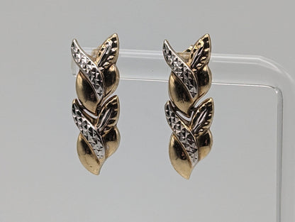 Large Vintage 10k White & Yellow Gold Wheat Stem Drop Earrings. 10k Solid Multi Color Gold Wheat Dangle Earrings 10k Wheat Stem Earrings