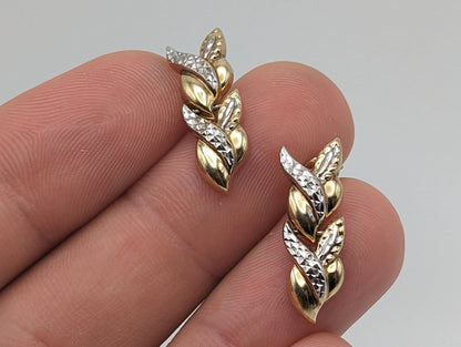 Large Vintage 10k White & Yellow Gold Wheat Stem Drop Earrings. 10k Solid Multi Color Gold Wheat Dangle Earrings 10k Wheat Stem Earrings
