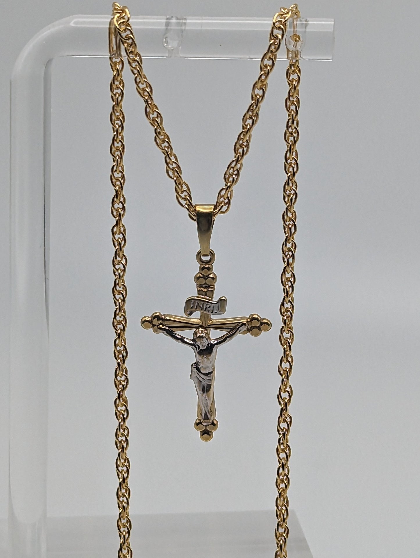 14k INRI Jesus Crucifix Cross Pendant. 14k Yellow & White Gold Crucifix. 14k Yellow Gold Cross Pendant + Complimentary 14k GF Necklace