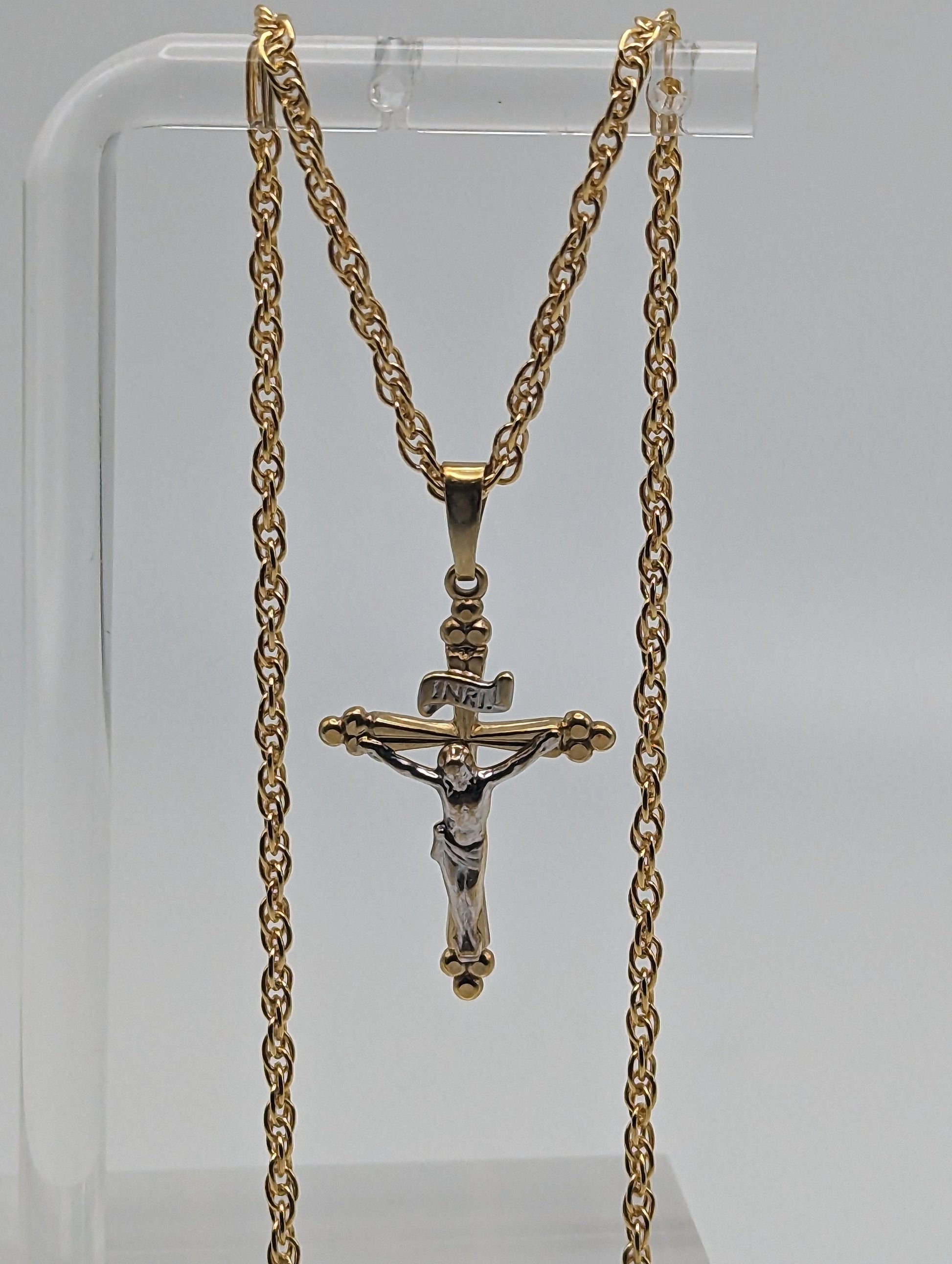 14k INRI Jesus Crucifix Cross Pendant. 14k Yellow & White Gold Crucifix. 14k Yellow Gold Cross Pendant + Complimentary 14k GF Necklace