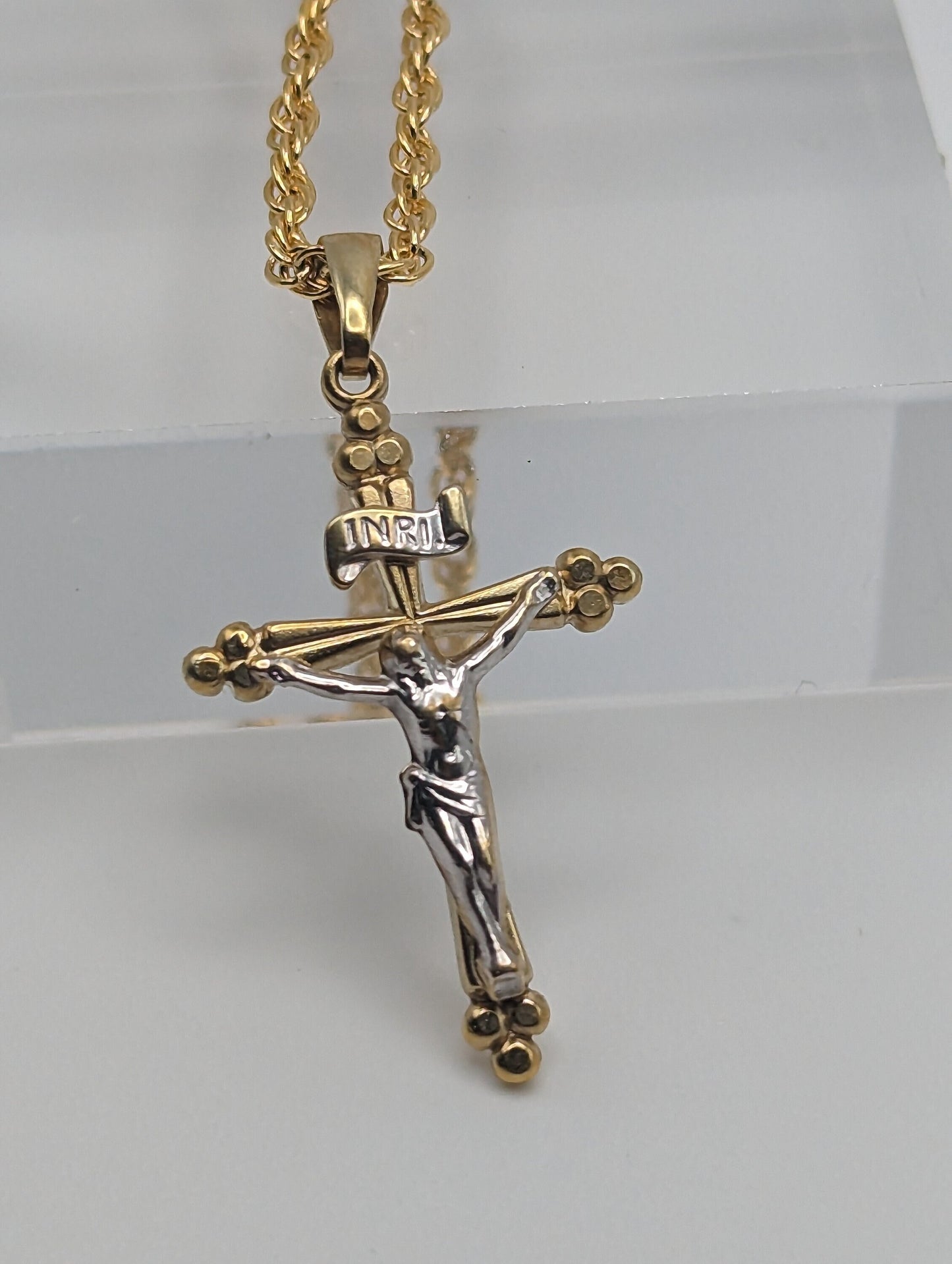 14k INRI Jesus Crucifix Cross Pendant. 14k Yellow & White Gold Crucifix. 14k Yellow Gold Cross Pendant + Complimentary 14k GF Necklace