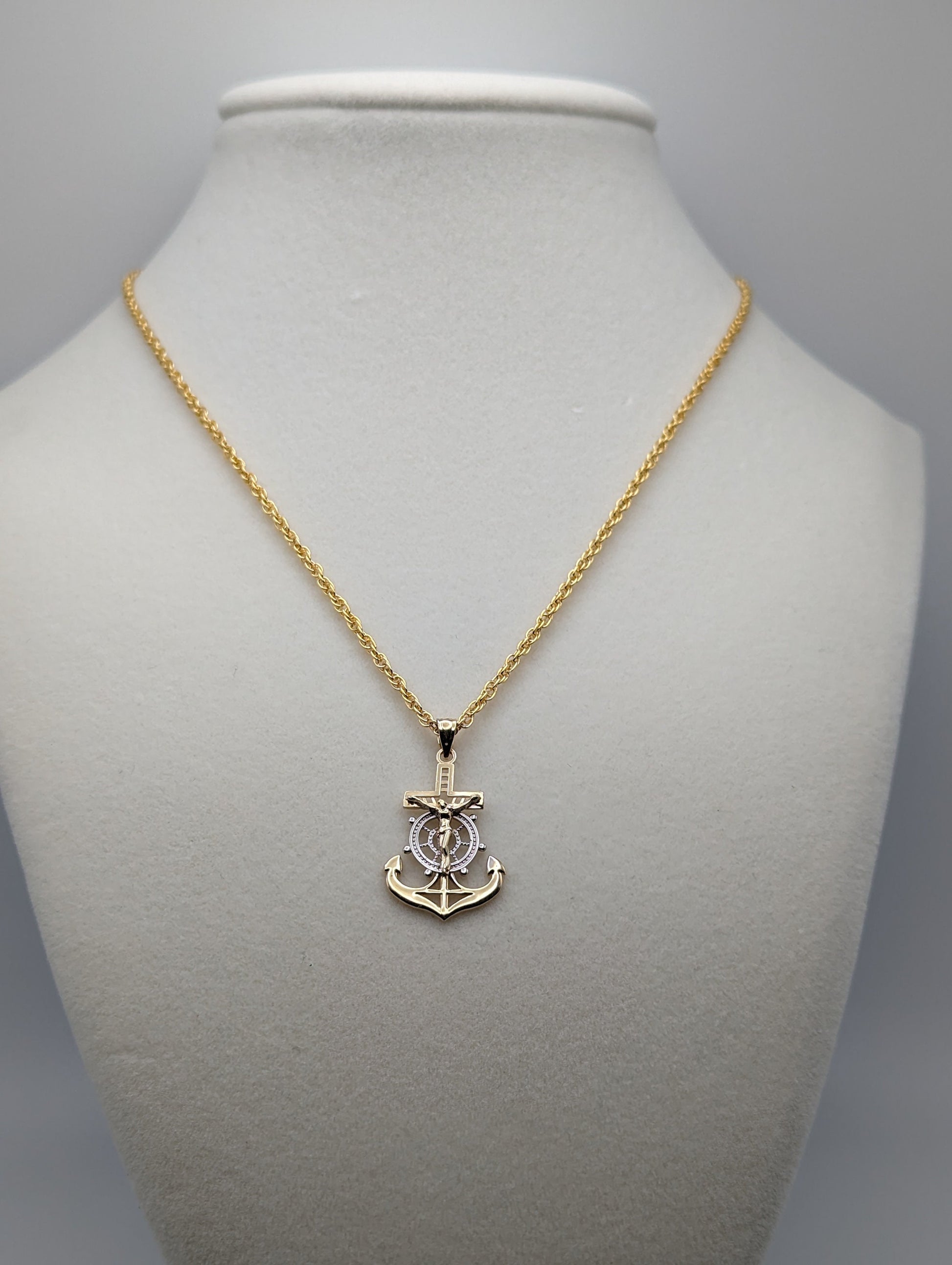 14k Jesus Christ Anchor Mariner Pendant. 14k Yellow & White Gold Crucifix. 14k Yellow Gold Cross Pendant + Complimentary 14k GF Necklace