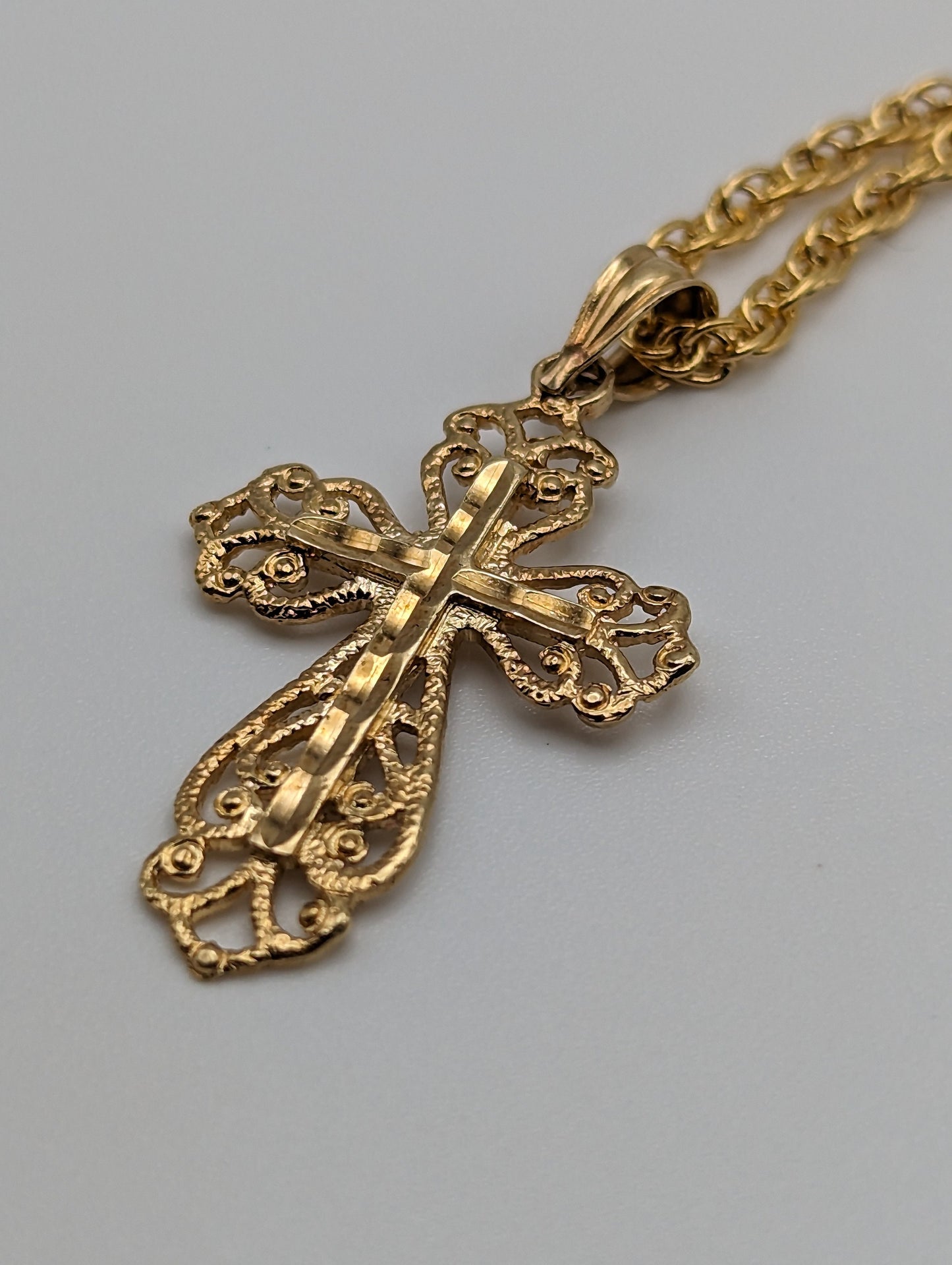 14k Filigree Cross Pendant. 14k Yellow Gold Crucifix. 14k Yellow Gold Polished Filigree Cross Pendant + Complimentary 14k GF Necklace