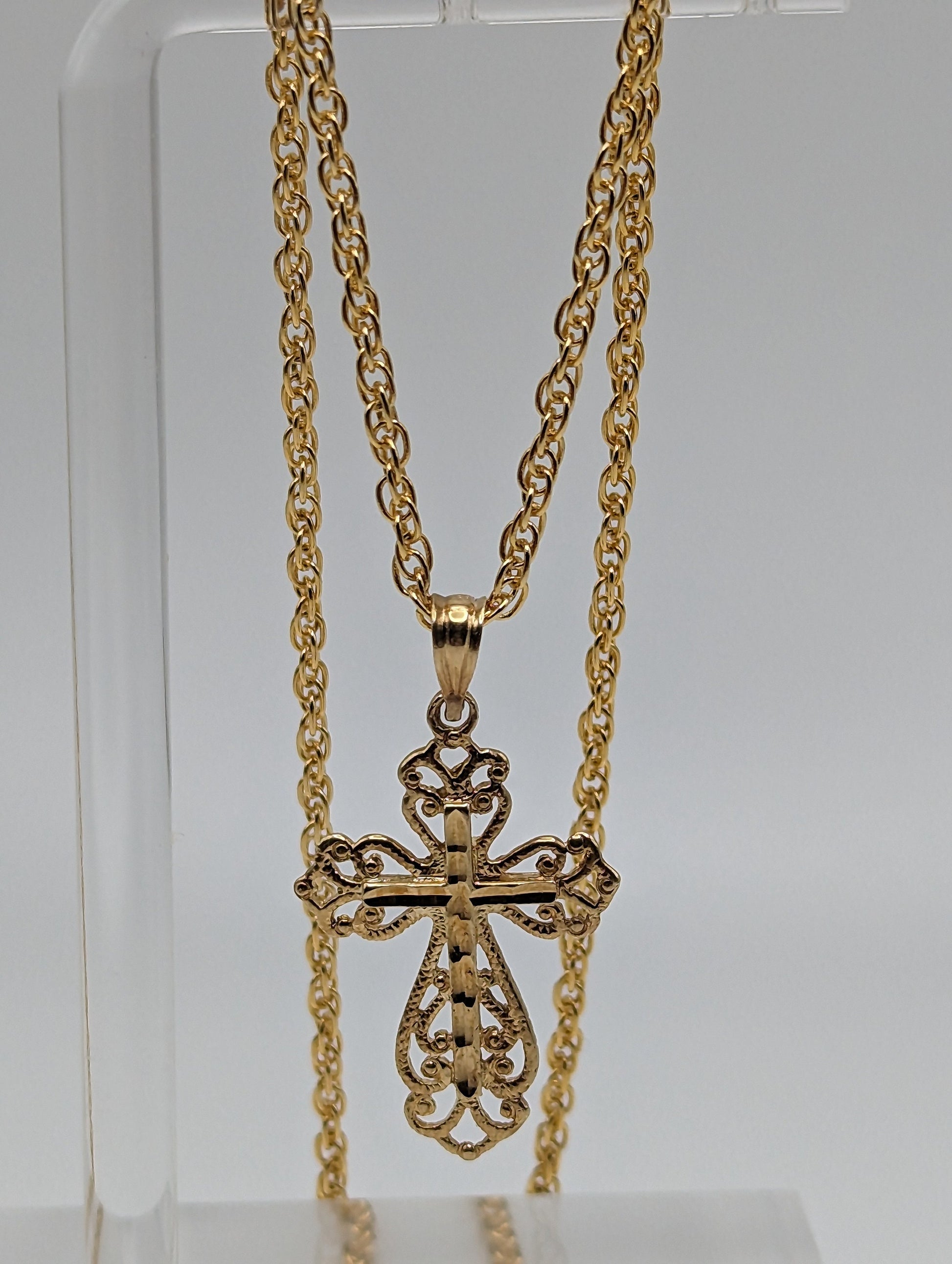 14k Filigree Cross Pendant. 14k Yellow Gold Crucifix. 14k Yellow Gold Polished Filigree Cross Pendant + Complimentary 14k GF Necklace