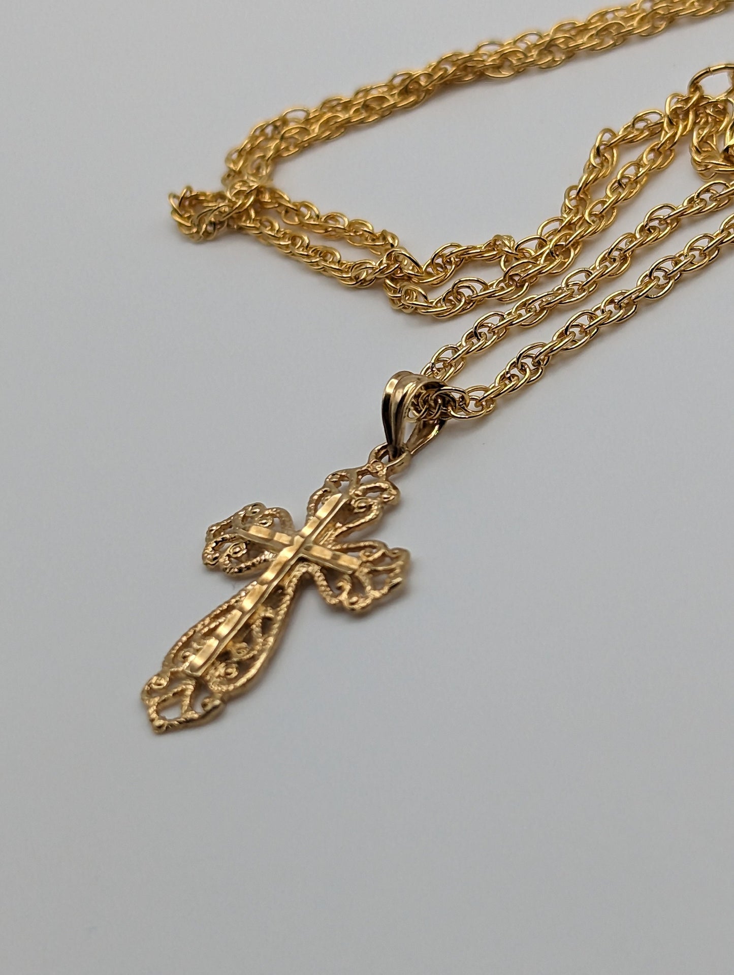 14k Filigree Cross Pendant. 14k Yellow Gold Crucifix. 14k Yellow Gold Polished Filigree Cross Pendant + Complimentary 14k GF Necklace