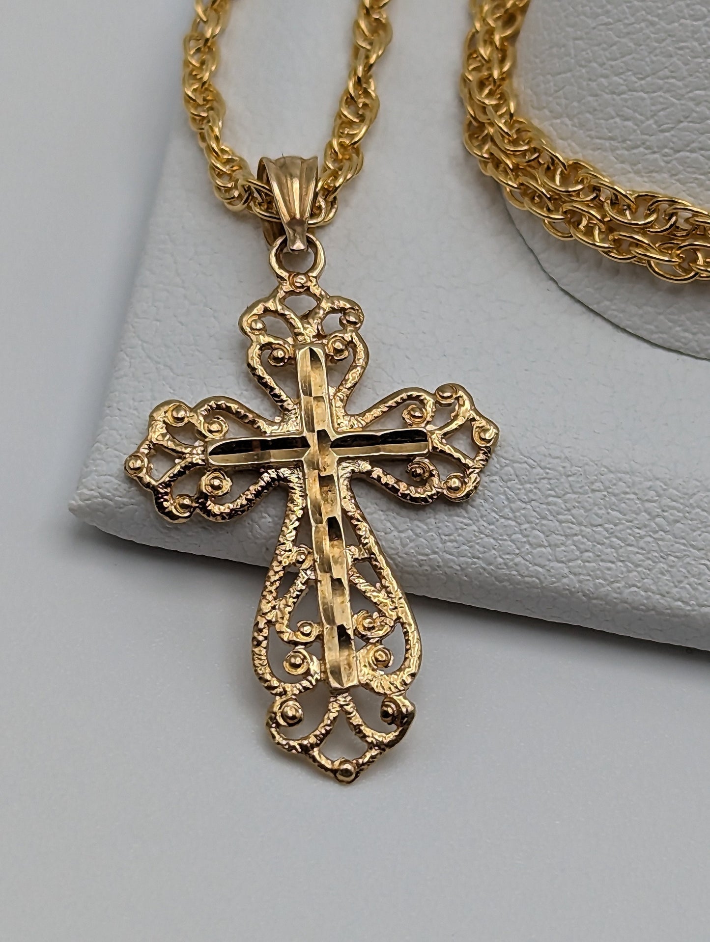 14k Filigree Cross Pendant. 14k Yellow Gold Crucifix. 14k Yellow Gold Polished Filigree Cross Pendant + Complimentary 14k GF Necklace