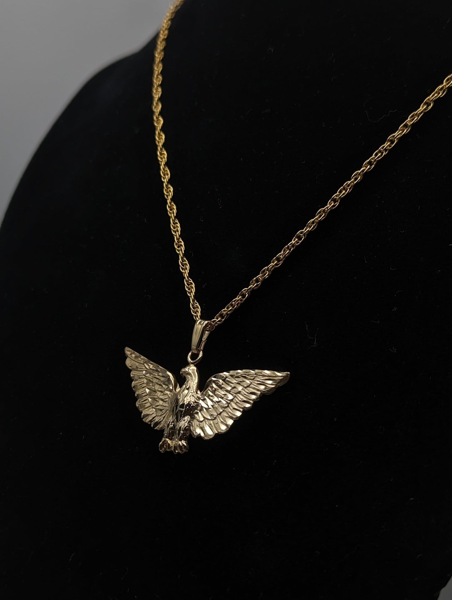 14k Yellow Gold Eagle Pendant. Solid Gold Diamond Cut Eagle Charm. 14k Eagle Pendant + Complimentary 14k GF Necklace