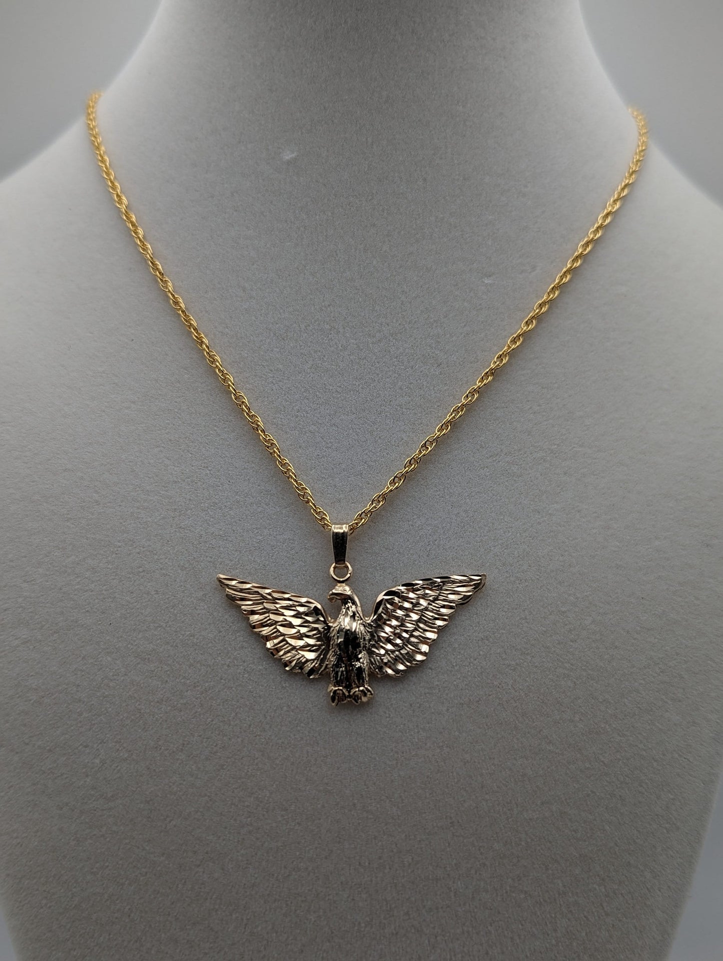 14k Yellow Gold Eagle Pendant. Solid Gold Diamond Cut Eagle Charm. 14k Eagle Pendant + Complimentary 14k GF Necklace