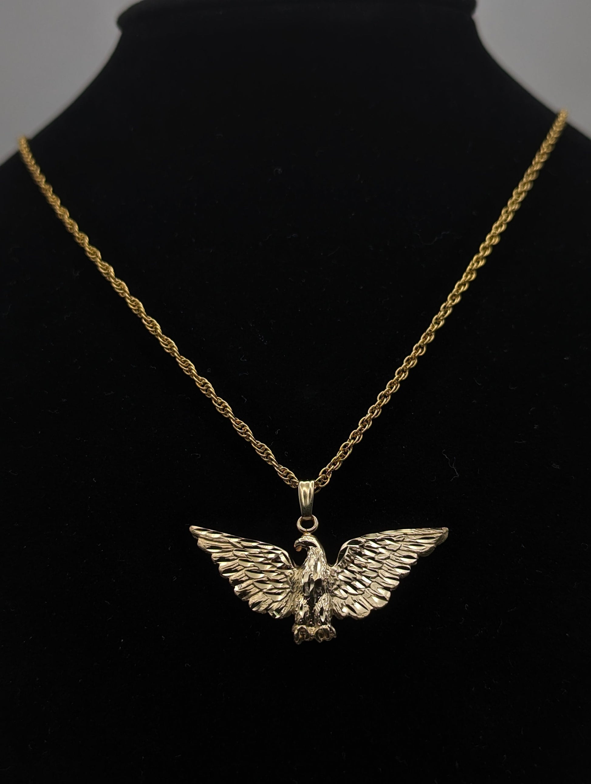 14k Yellow Gold Eagle Pendant. Solid Gold Diamond Cut Eagle Charm. 14k Eagle Pendant + Complimentary 14k GF Necklace