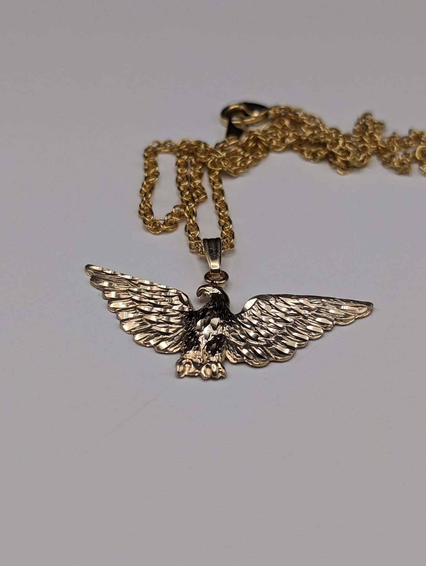 14k Yellow Gold Eagle Pendant. Solid Gold Diamond Cut Eagle Charm. 14k Eagle Pendant + Complimentary 14k GF Necklace