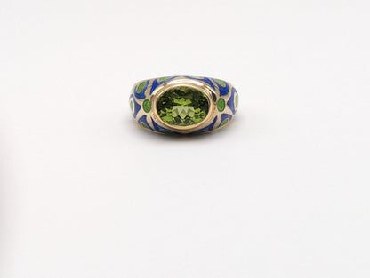 Heavy 7gr 14k Yellow Gold Oval Cut Bezel Set Peridot Ring with Blue and Green Enamel. 14k Half Dome Peridot Ring. Bezel Set Peridot Ring.