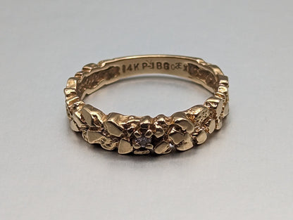 Yellow Gold 14k Nugget Style Diamond Band. 14k Gold Diamond Engagement Ring. Nugget Gold Diamond Ring.