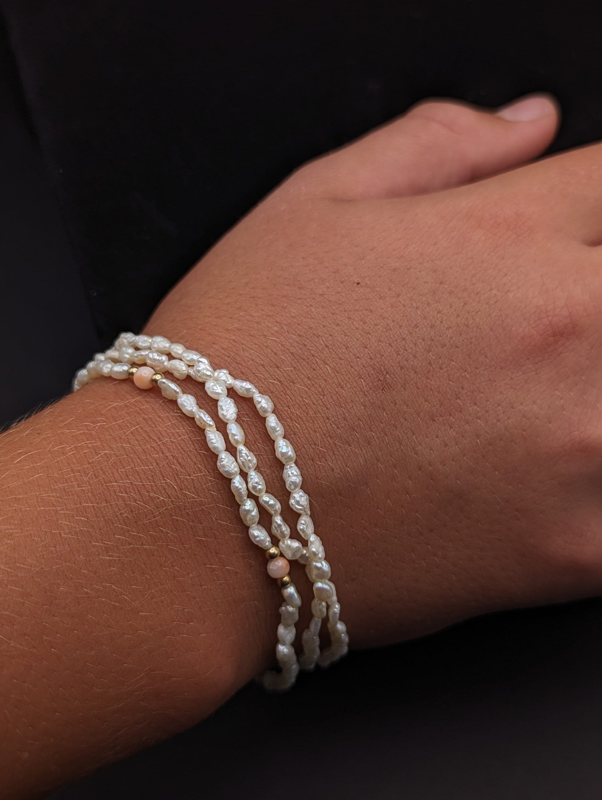 14k Gold Fresh Water Pearl Bracelet w Pink Coral & 14k Gold Beads 14K Freshwater Pearl Gold Bead Three Strand Bracelet, pearl Coral bracelet