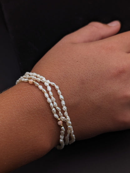 14k Gold Fresh Water Pearl Bracelet w Pink Coral & 14k Gold Beads 14K Freshwater Pearl Gold Bead Three Strand Bracelet, pearl Coral bracelet