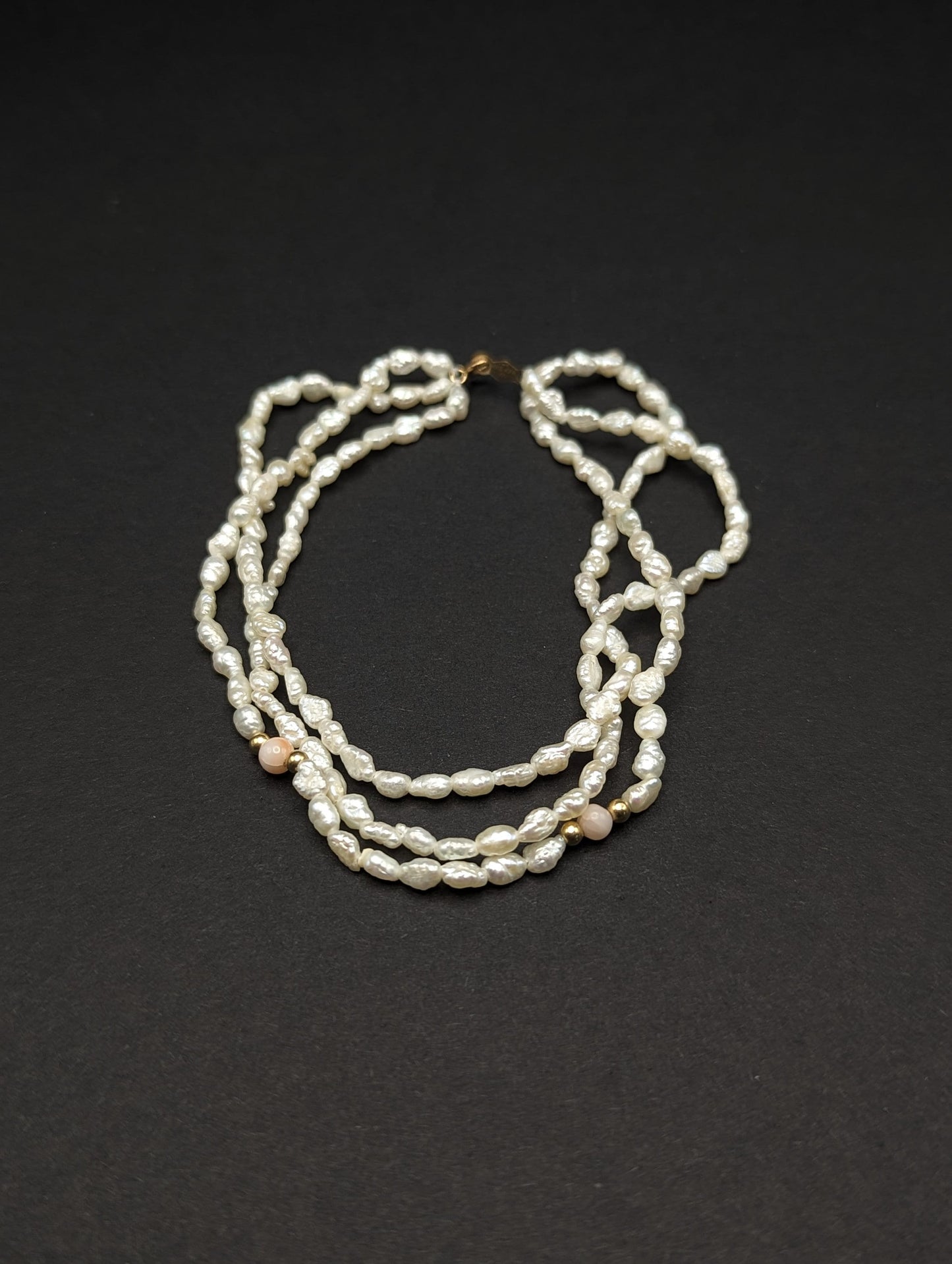 14k Gold Fresh Water Pearl Bracelet w Pink Coral & 14k Gold Beads 14K Freshwater Pearl Gold Bead Three Strand Bracelet, pearl Coral bracelet