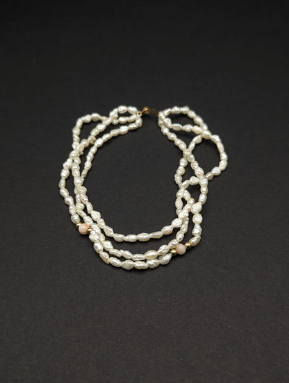 14k Gold Fresh Water Pearl Bracelet w Pink Coral & 14k Gold Beads 14K Freshwater Pearl Gold Bead Three Strand Bracelet, pearl Coral bracelet