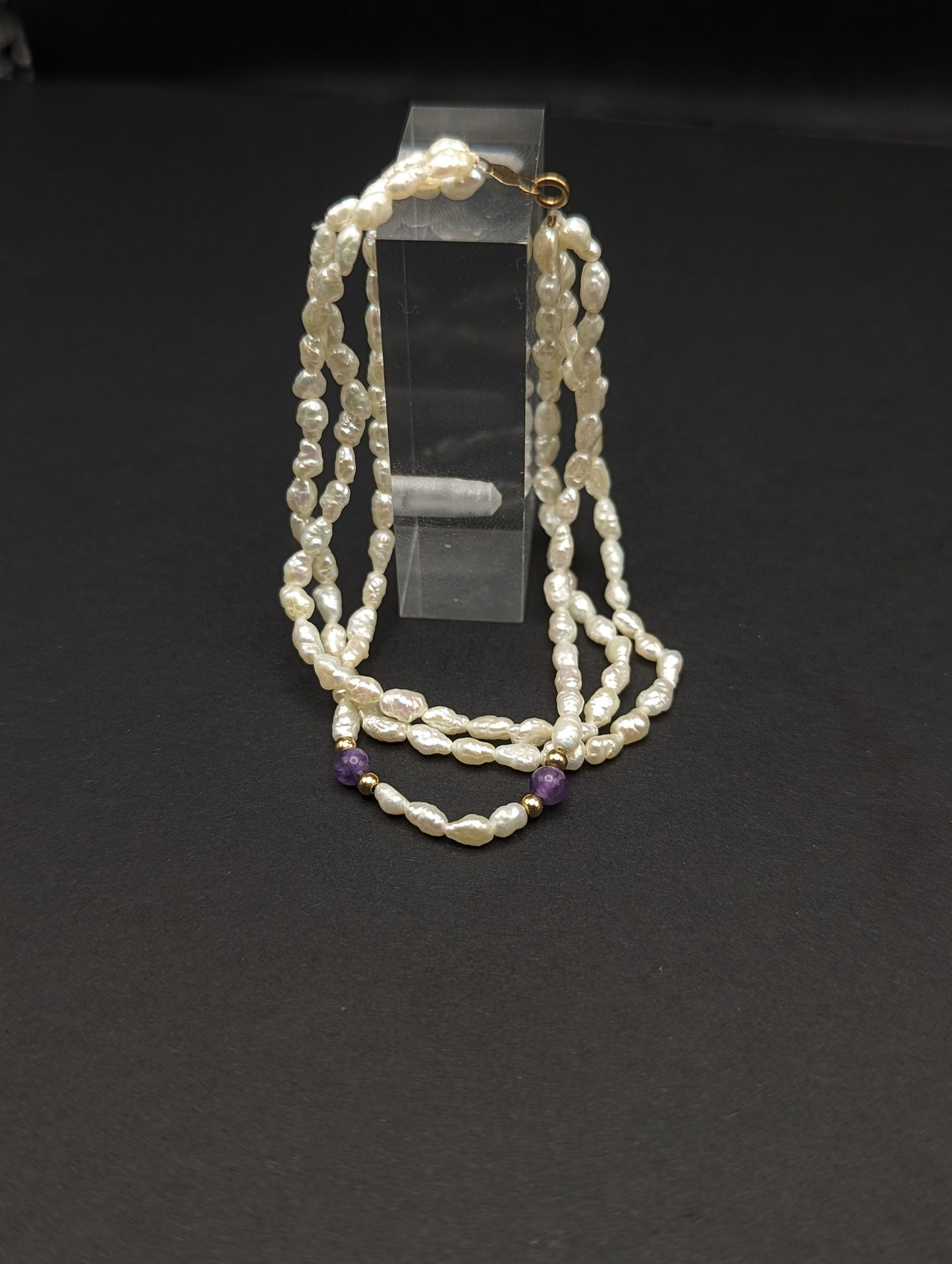 14k Gold Fresh Water Pearl Bracelet w Purple Lepidolite & 14k Gold Beads 14K Freshwater Pearl Gold Bead Three Strand Bracelet, pear bracelet