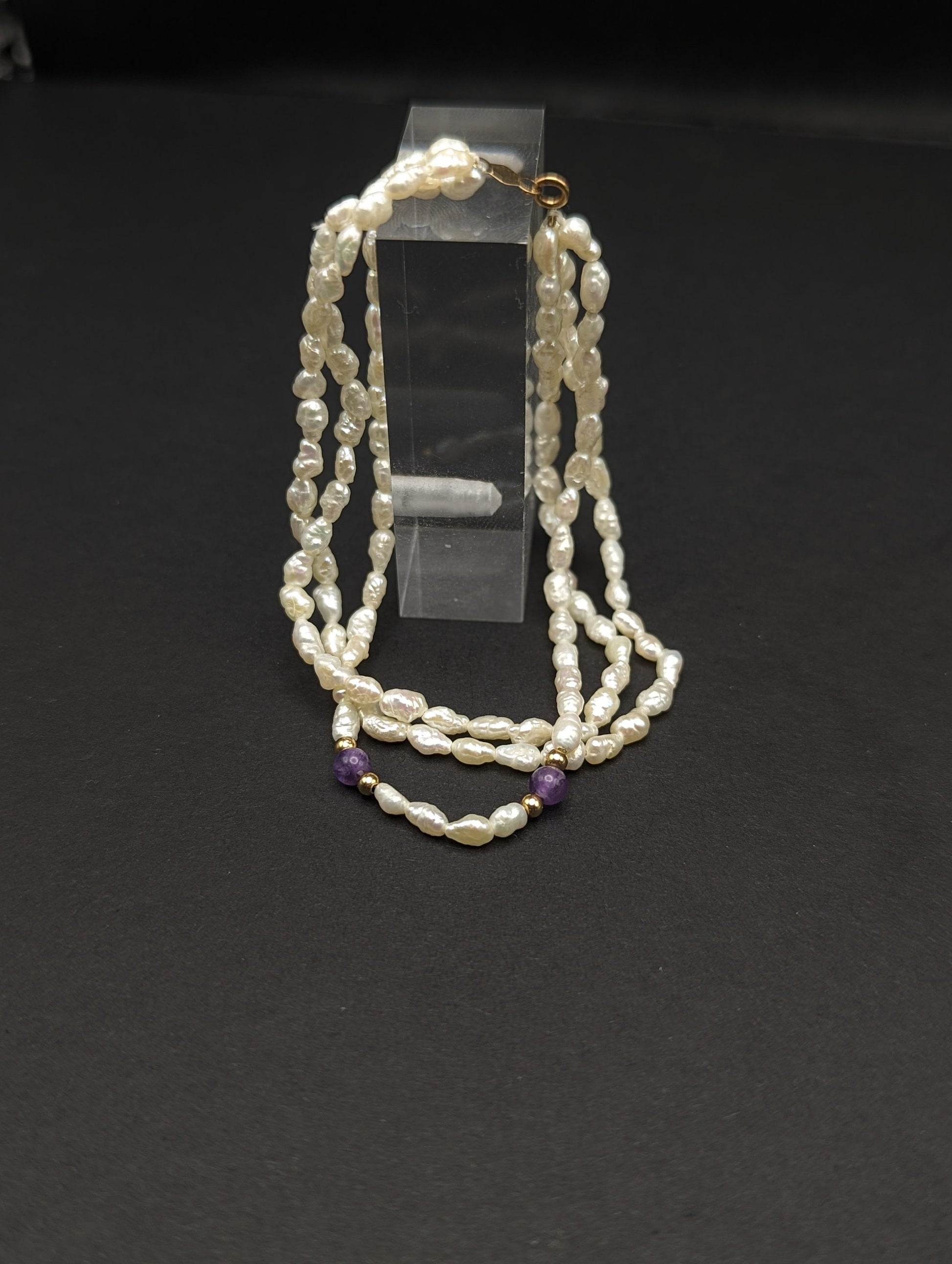 14k Gold Fresh Water Pearl Bracelet w Purple Lepidolite & 14k Gold Beads 14K Freshwater Pearl Gold Bead Three Strand Bracelet, pear bracelet