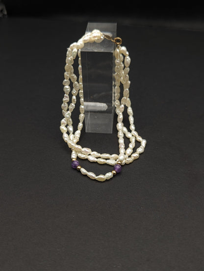 14k Gold Fresh Water Pearl Bracelet w Purple Lepidolite & 14k Gold Beads 14K Freshwater Pearl Gold Bead Three Strand Bracelet, pear bracelet