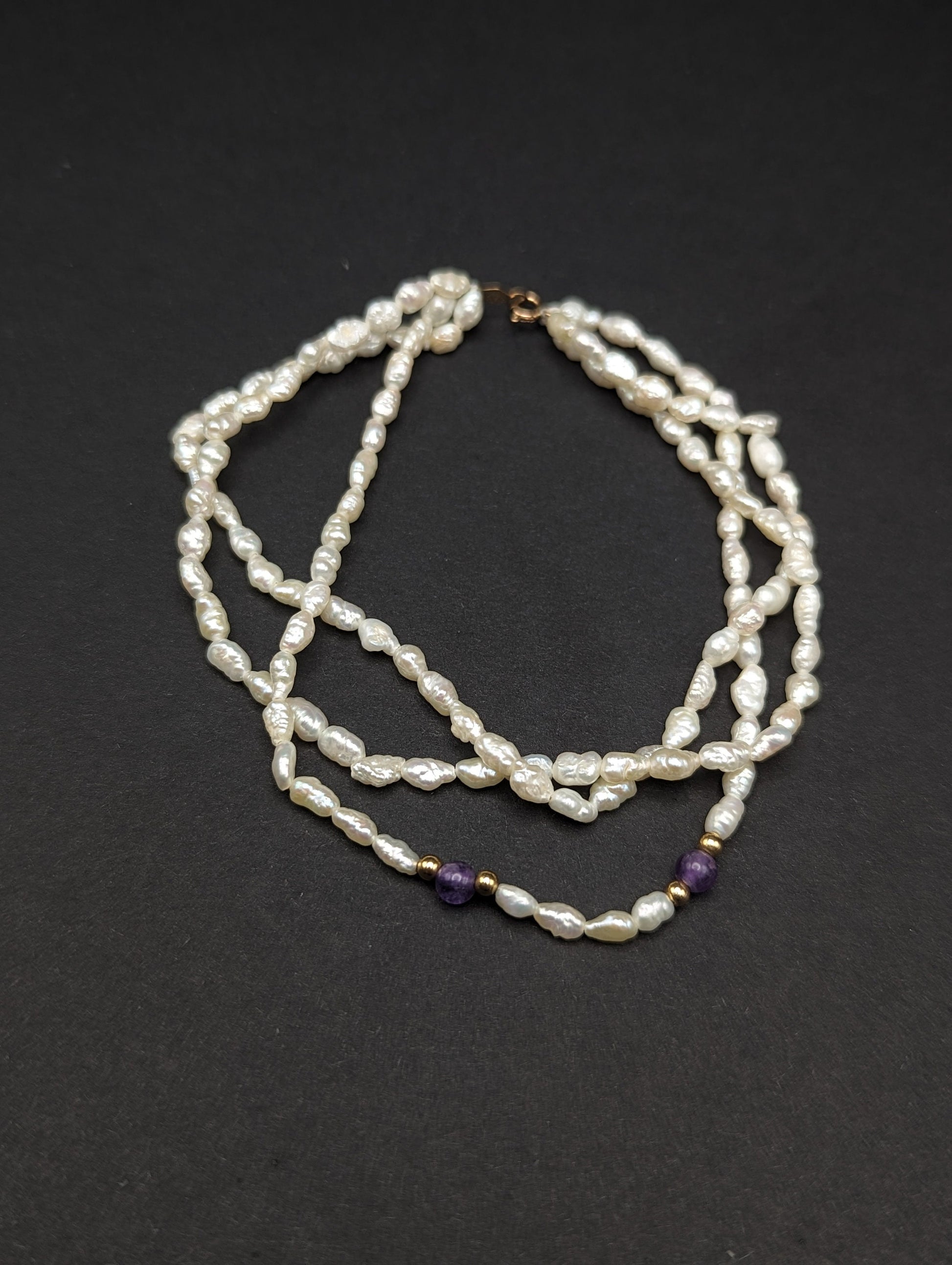 14k Gold Fresh Water Pearl Bracelet w Purple Lepidolite & 14k Gold Beads 14K Freshwater Pearl Gold Bead Three Strand Bracelet, pear bracelet