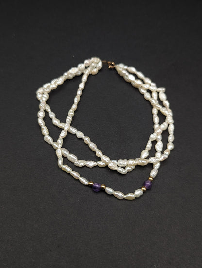 14k Gold Fresh Water Pearl Bracelet w Purple Lepidolite & 14k Gold Beads 14K Freshwater Pearl Gold Bead Three Strand Bracelet, pear bracelet