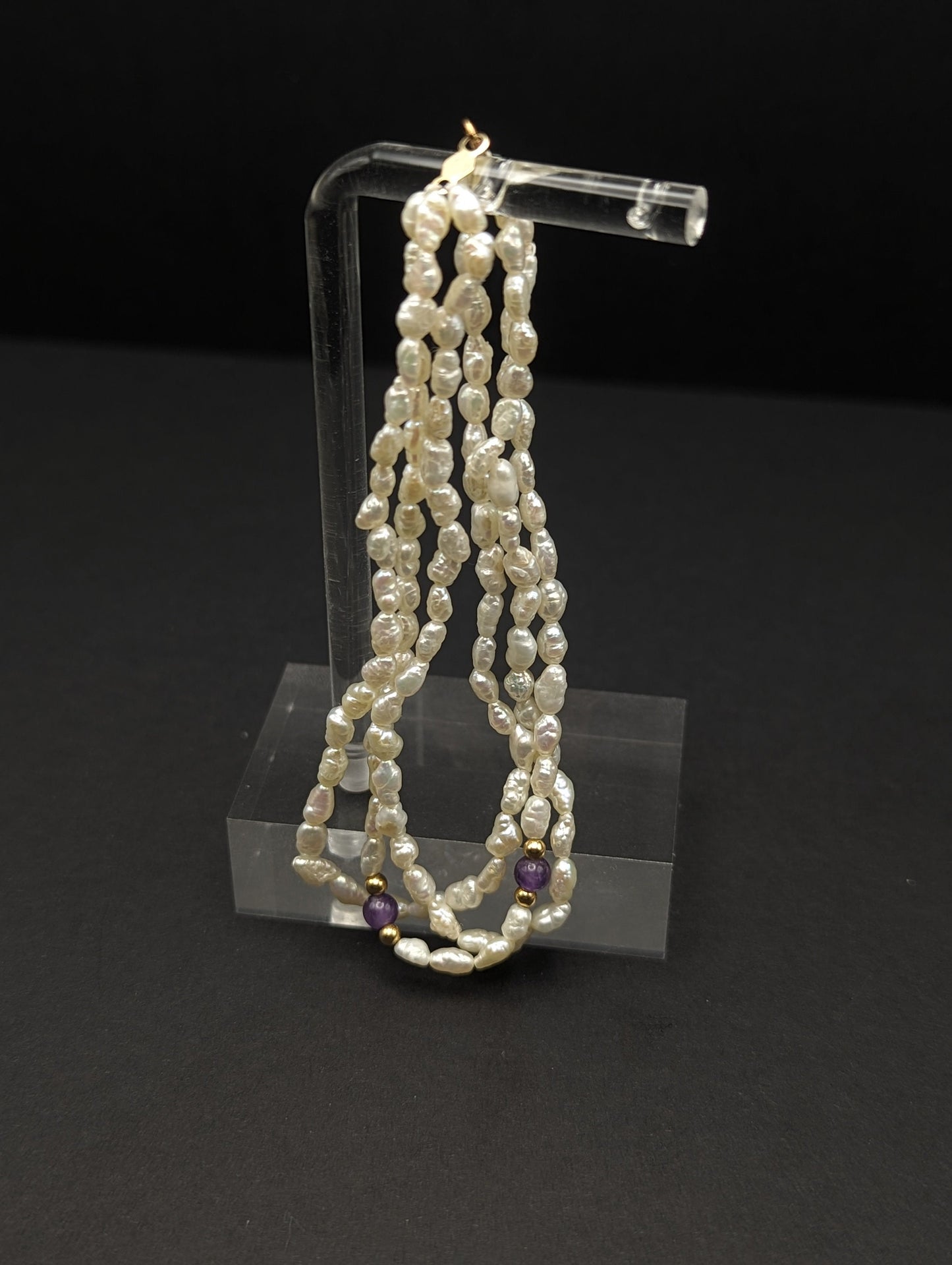 14k Gold Fresh Water Pearl Bracelet w Purple Lepidolite & 14k Gold Beads 14K Freshwater Pearl Gold Bead Three Strand Bracelet, pear bracelet