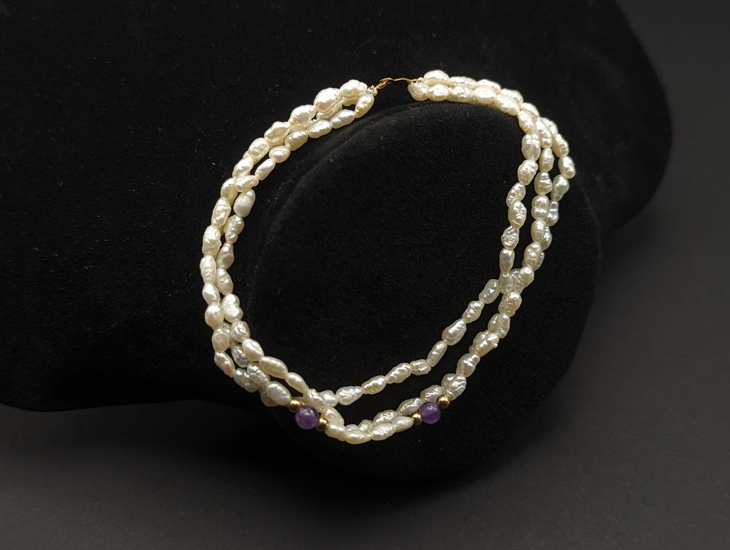 14k Gold Fresh Water Pearl Bracelet w Purple Lepidolite & 14k Gold Beads 14K Freshwater Pearl Gold Bead Three Strand Bracelet, pear bracelet