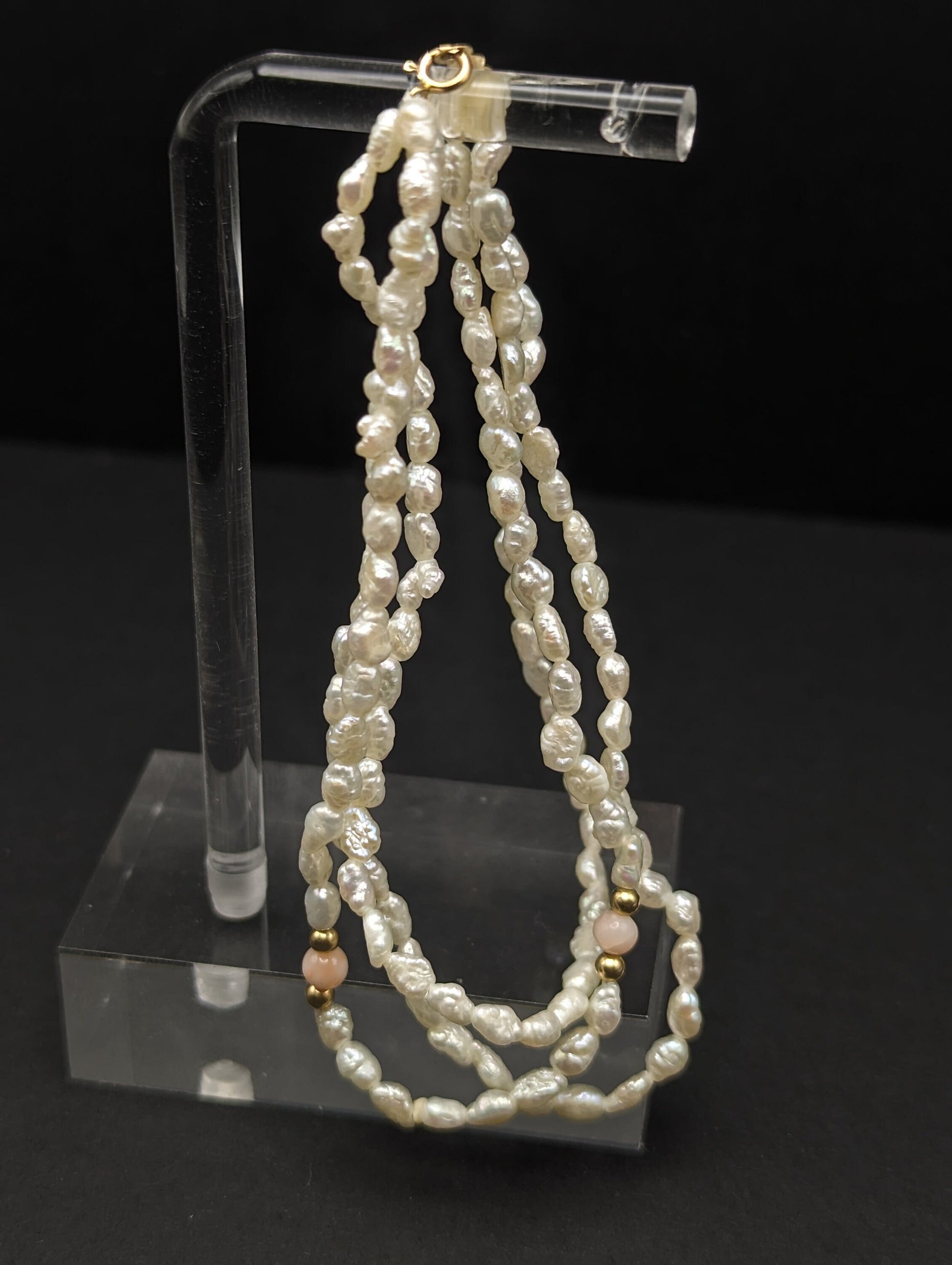 14k Gold Fresh Water Pearl Bracelet w Pink Coral & 14k Gold Beads 14K Freshwater Pearl Gold Bead Three Strand Bracelet, pearl Coral bracelet