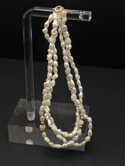 14k Gold Fresh Water Pearl Bracelet w Pink Coral & 14k Gold Beads 14K Freshwater Pearl Gold Bead Three Strand Bracelet, pearl Coral bracelet