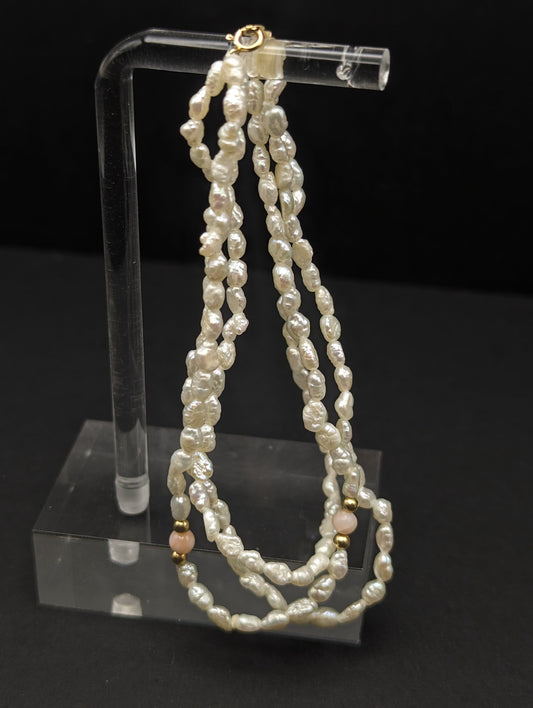 14k Gold Fresh Water Pearl Bracelet w Pink Coral & 14k Gold Beads 14K Freshwater Pearl Gold Bead Three Strand Bracelet, pearl Coral bracelet