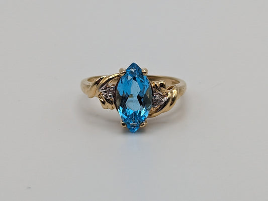 Vintage 14k 1.5ct Swiss Blue Topaz Diamond Ring. 14k Yellow Gold Womens Swiss Blue Topaz Diamond Ring. Swiss Blue Topaz Marquise 14k Band.