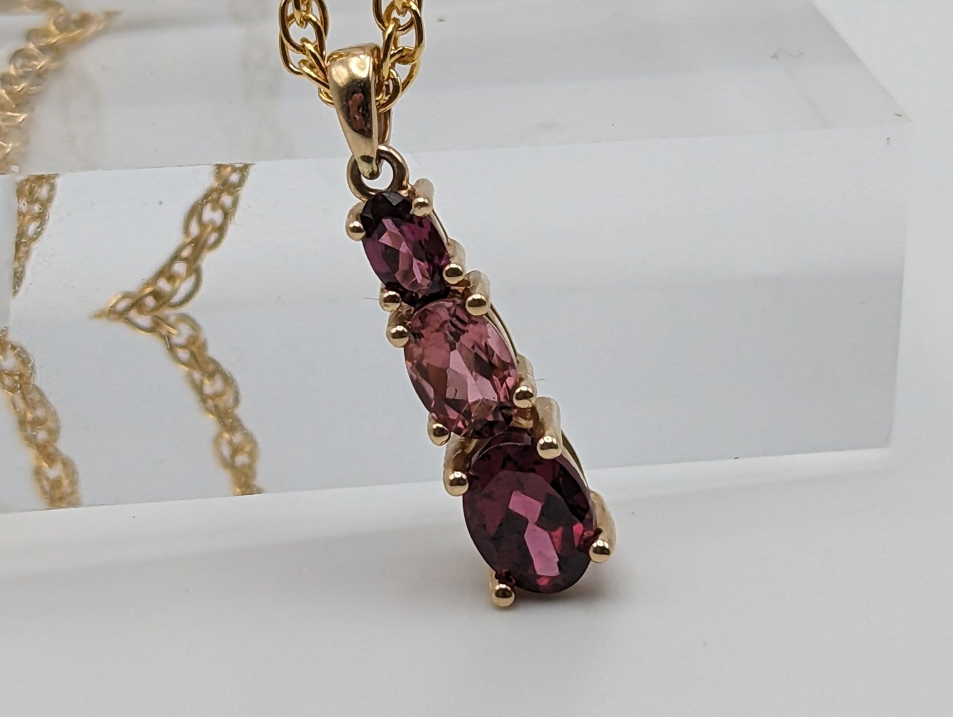 14k Yellow Gold Journey Pendant. 14k Three-Stone Journey. 14k Yellow Gold Pink Tourmaline Journey Pendant. + 14k GF Necklace