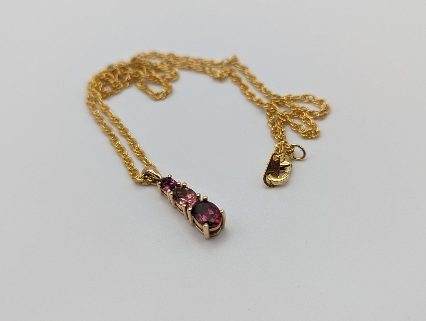 14k Yellow Gold Journey Pendant. 14k Three-Stone Journey. 14k Yellow Gold Pink Tourmaline Journey Pendant. + 14k GF Necklace