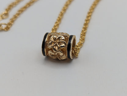7mm 14k Gold Hawaiian Plumeria scroll Floral Filigree Barrel Chain Slide Pendant Black Enamel 14k Flower Barrel Charm + 14k GF Necklace