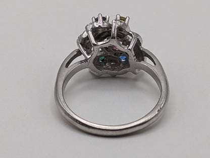 10k White Gold Vintage Mothers Ring. 10k White Gold Multi-Gem Cluster Band. 10k Gemstone Cluster Flower Ring.
